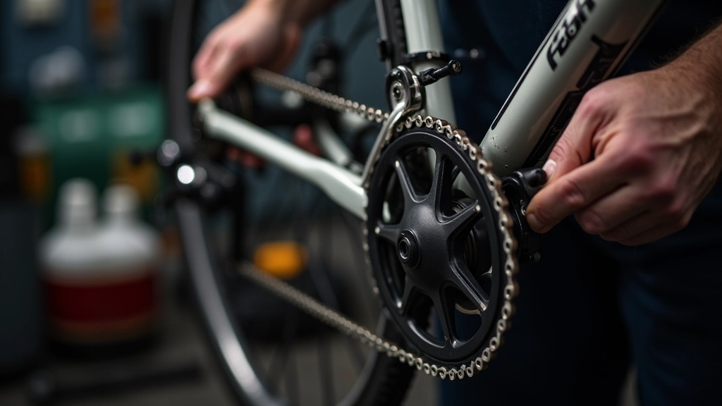 Bicycle gears and derailleur with lubricant bottle during maintenance session