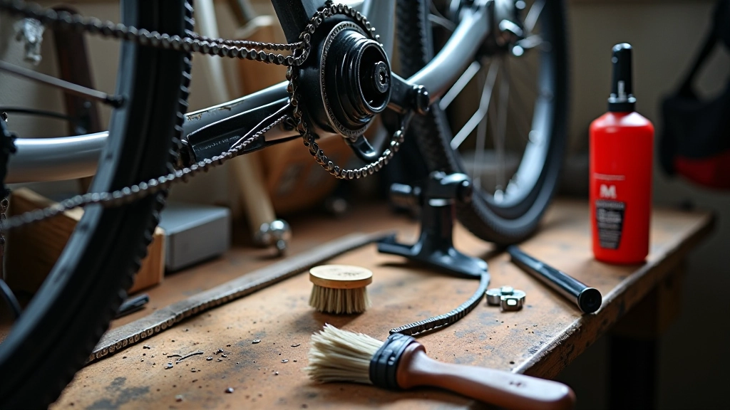 Bicycle maintenance setup with tools, lubricant, and cleaning supplies on workbench