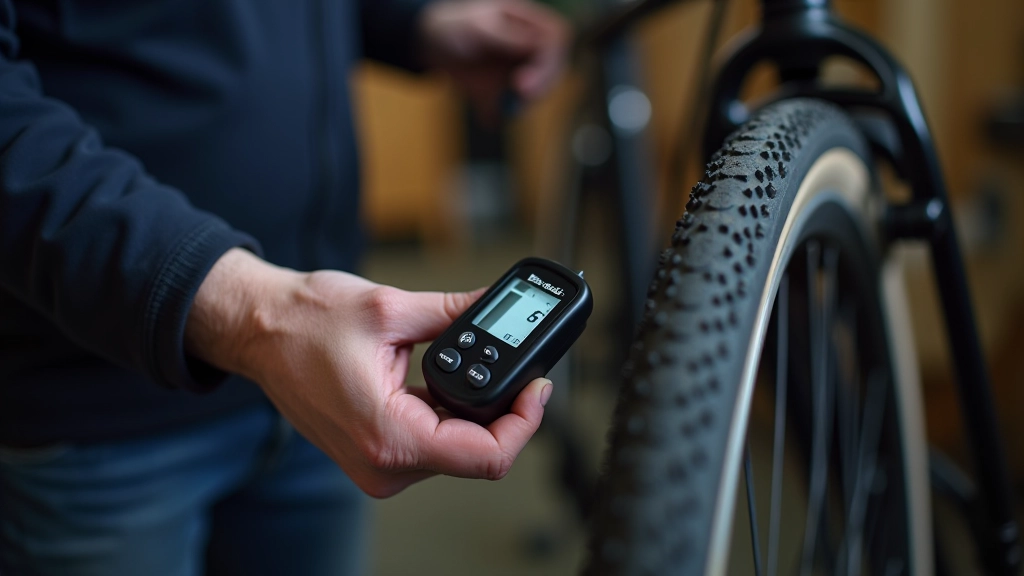 Bicycle tire pressure being checked with digital gauge on inflated wheel