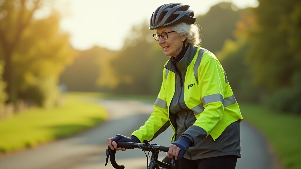 Older cyclist wearing proper safety gear including helmet and reflective clothing on a scenic path