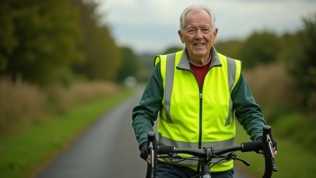 Person wearing bright neon yellow high-visibility vest over cycling jacket, standing next to touring bicycle outdoors
